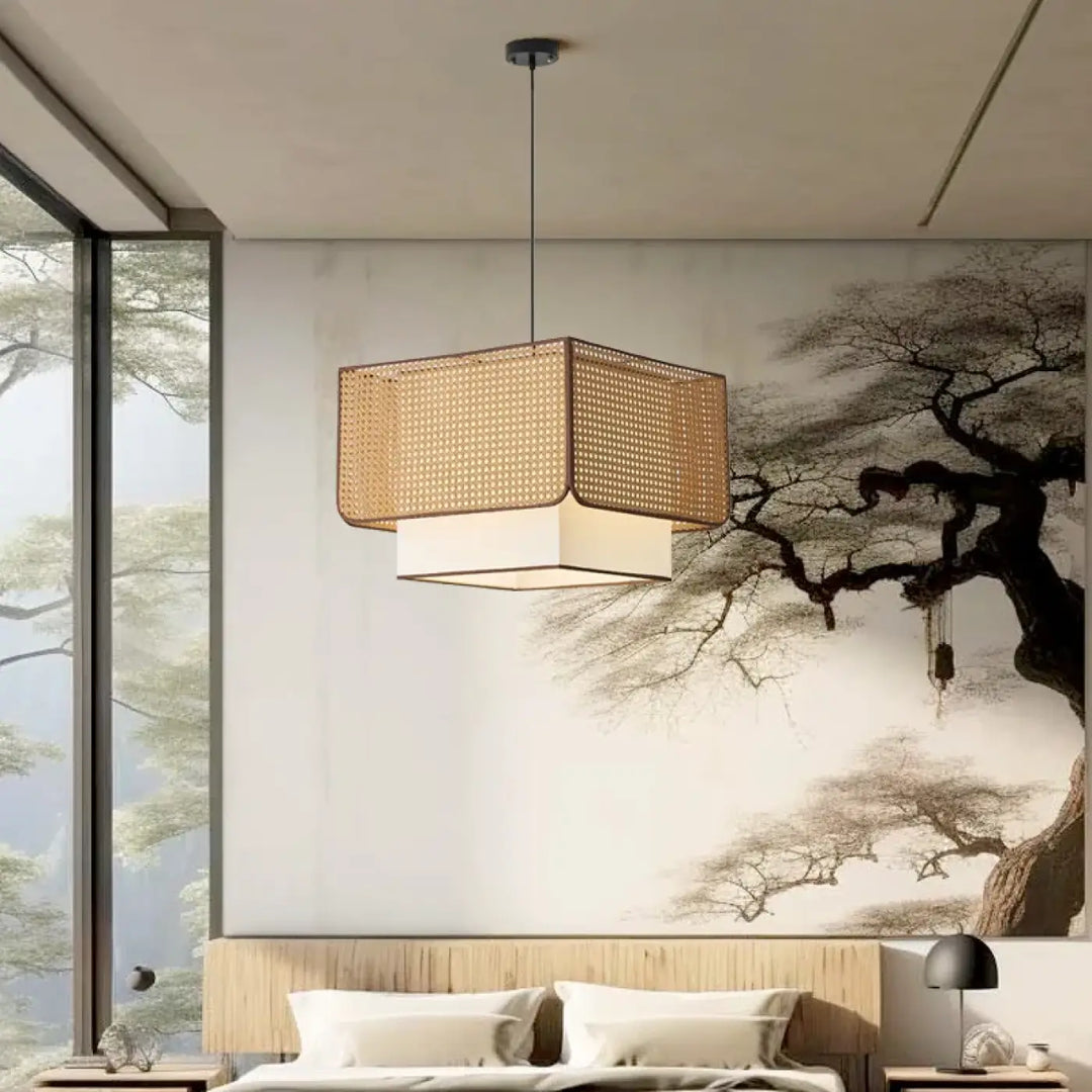 Suspension luminaire design en rotin naturel tressé beige