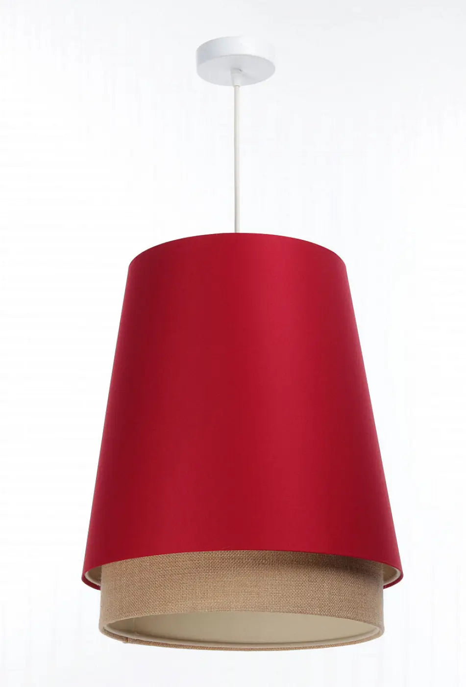 Suspension luminaire sensei design rouge avec abat double cylindrique rouge et base en tissu beige texturé