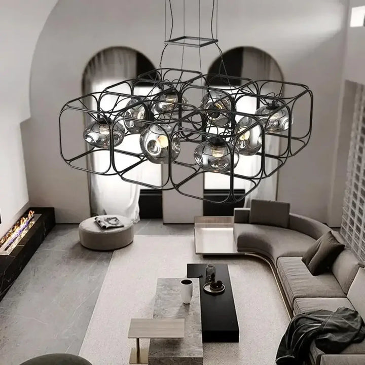Suspension luminaire nexora en métal noir avec plusieurs ampoules sphériques en verre pour un luminaire design moderne