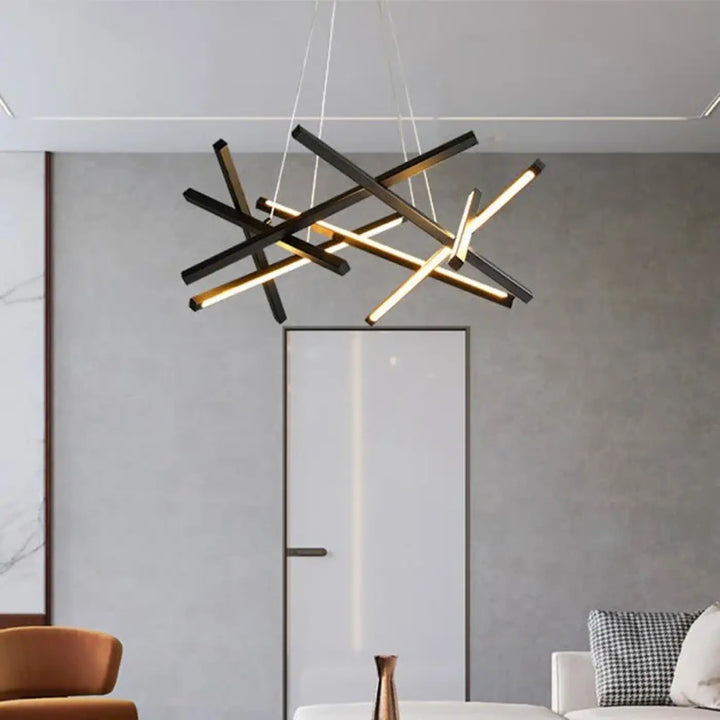 Suspension luminaire kados moderne noir et doré avec led intersectantes design géométrique adapté pour blanc froid et mètres carrés