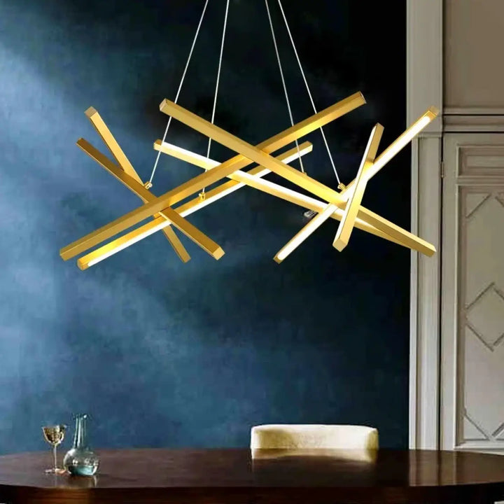 Suspension luminaire kados avec barres rectangulaires dorées suspendues par cordes fines pour blanc chaud ou blanc froid mètres carrés