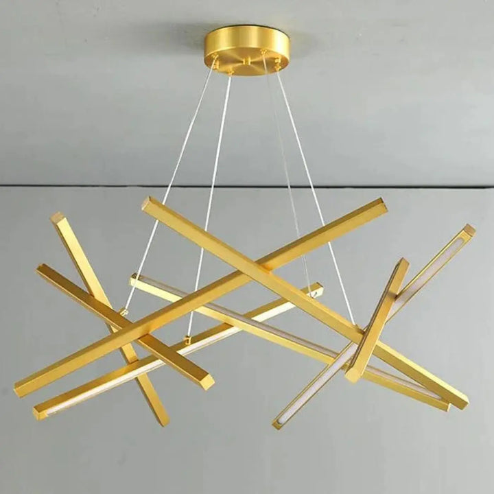 Suspension luminaire kados en finition or avec barres rectangulaires entrecroisées et éclairage led blanc chaud pour mètres carrés variés