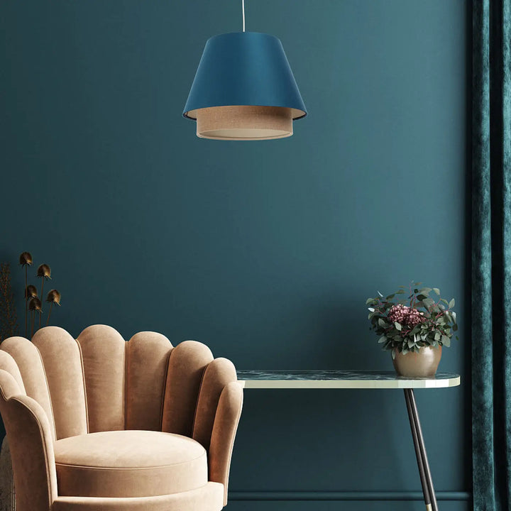 Suspension luminaire sensei design turquoise en tissu bleu profond avec anneau intérieur en bois naturel à deux niveaux