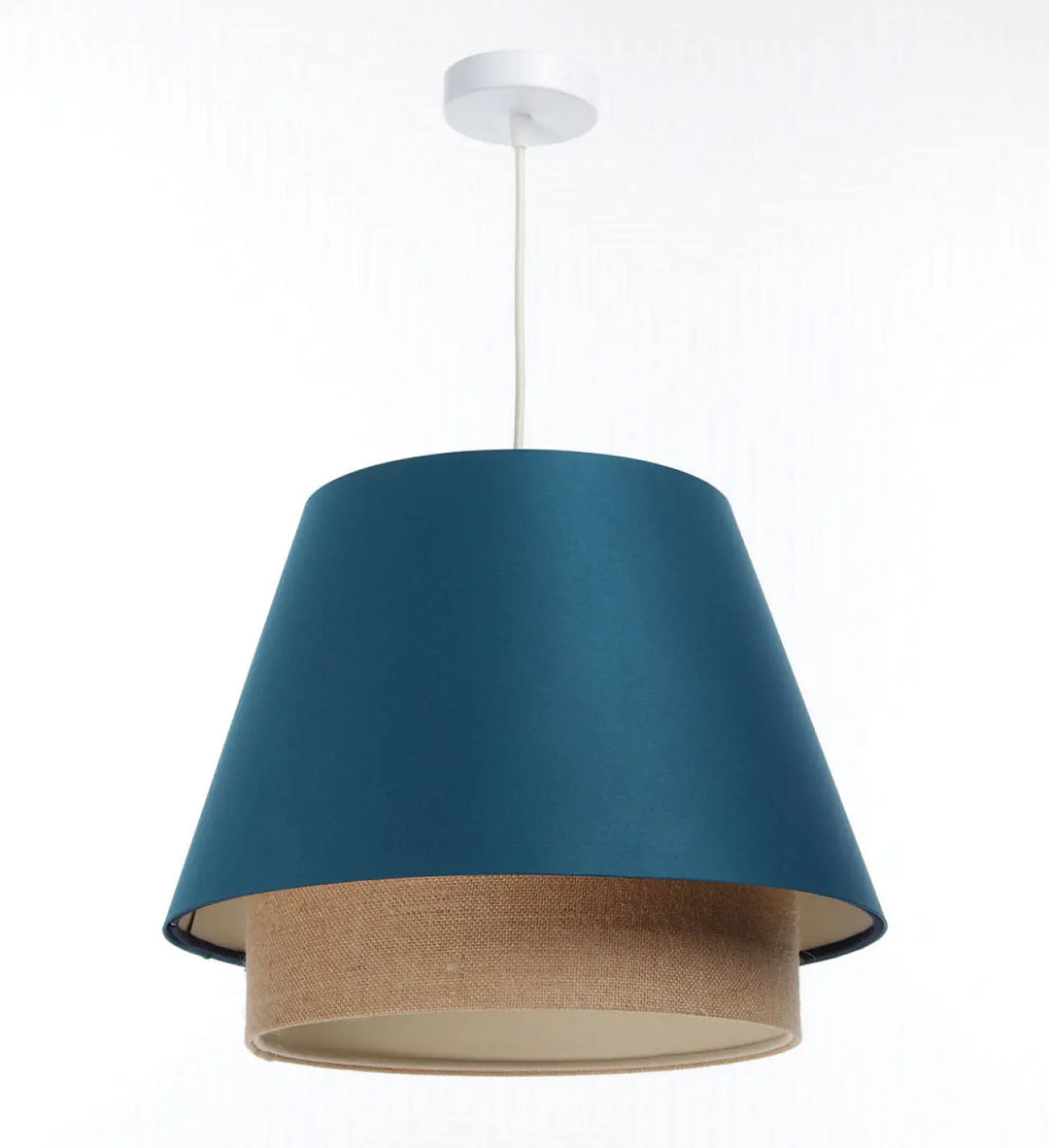 Suspension luminaire sensei design turquoise en tissu deux niveaux bleu sarcelle et beige avec fixation plafond blanche