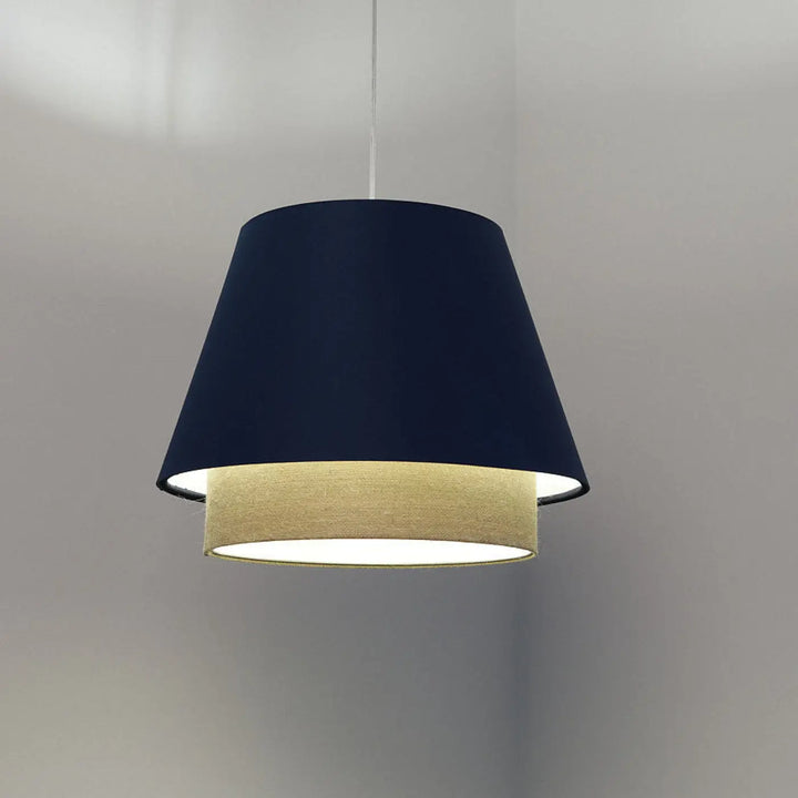 Suspension luminaire deux niveaux bleu marine et beige en tissu texturé design turquoise moderne