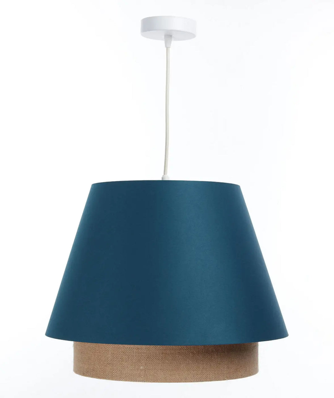 Suspension luminaire sensei design turquoise avec abat-jour en tissu bleu profond et base en toile de jute naturelle