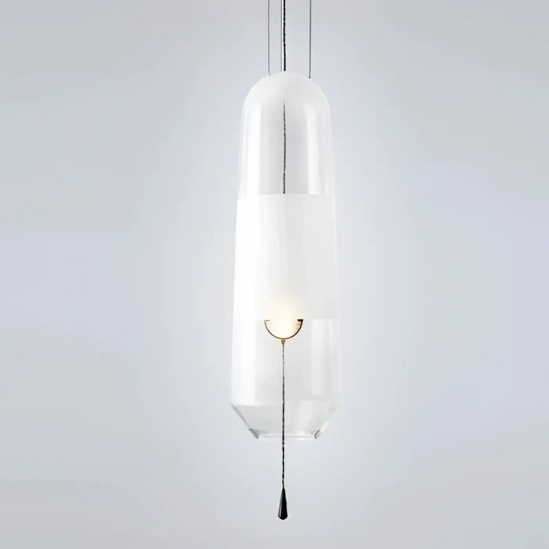 Suspension luminaire oxyA en verre transparent avec section centrale blanche givrée et chaîne de tirage noire