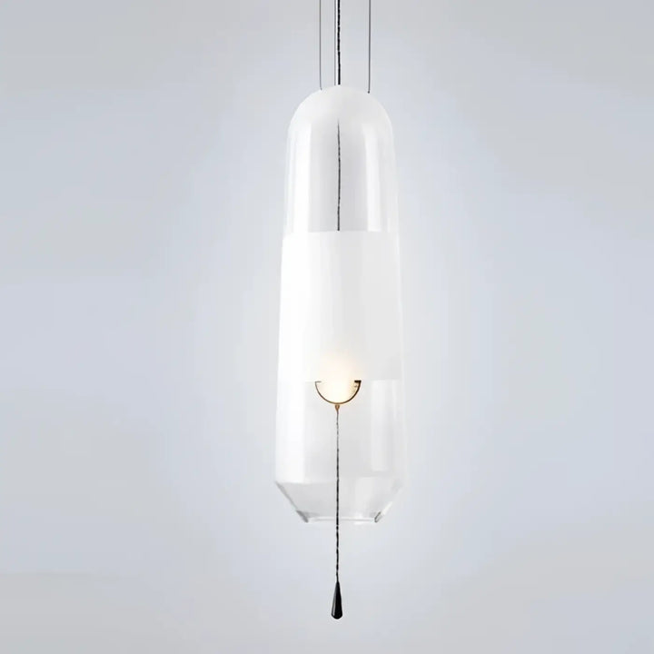 Suspension luminaire oxyA en verre transparent avec section centrale blanche givrée et chaîne de tirage noire