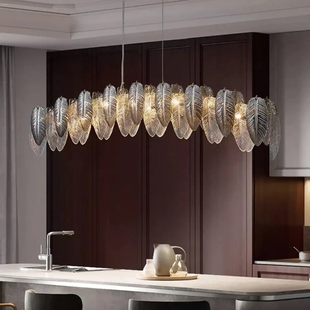 Suspension design en verre effet feuillage doré argent