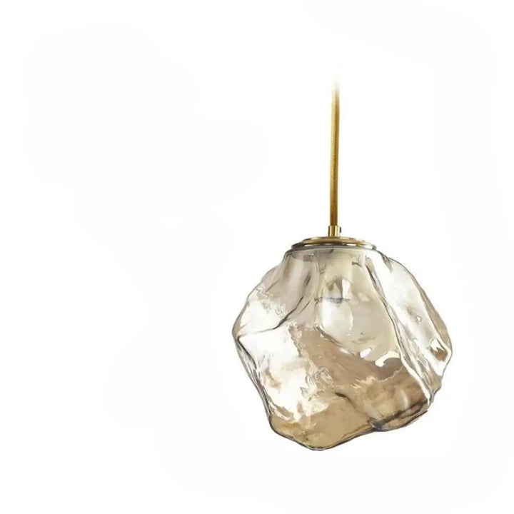 Suspension luminaire molty en verre façonné translucide avec cordon métallique doré design irrégulier