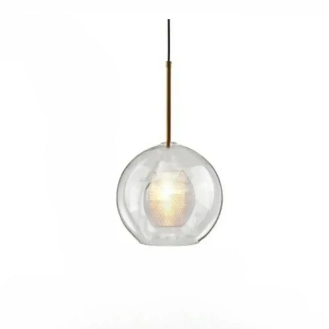 Clear glass globe suspension luminaire with brass-finished rod and black cord by zelor