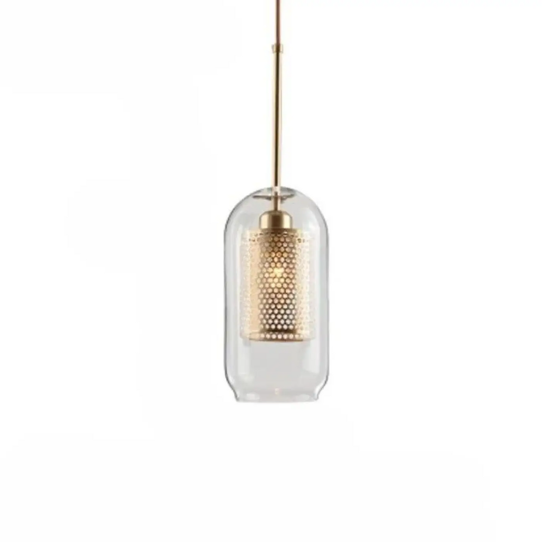 Suspension luminaire zelor avec abat-jour en verre clair et cylindre perforé doré suspendu par tige en laiton