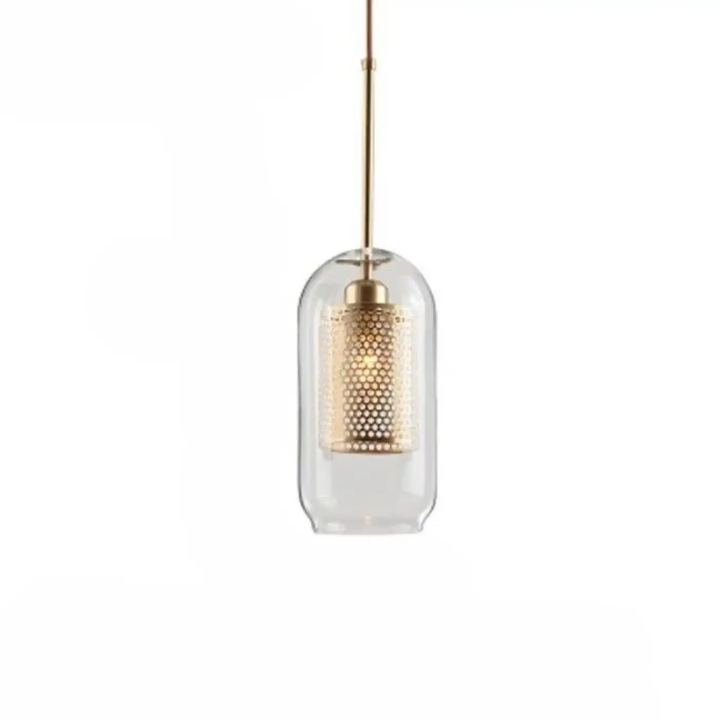 Suspension luminaire zelor avec abat-jour en verre clair et cylindre perforé doré suspendu par tige en laiton