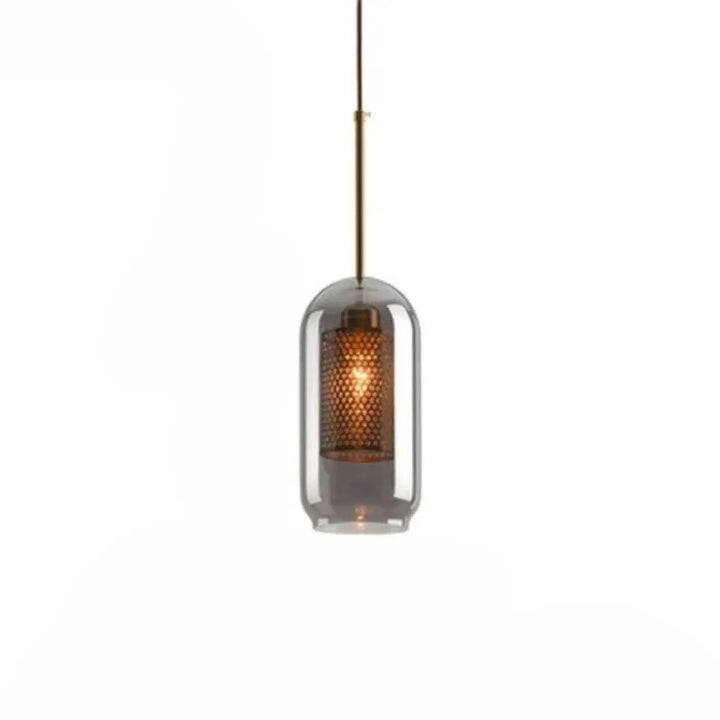 Suspension luminaire zelor avec abat-jour en verre fumé et écran en maille de cuivre intricacy moderne