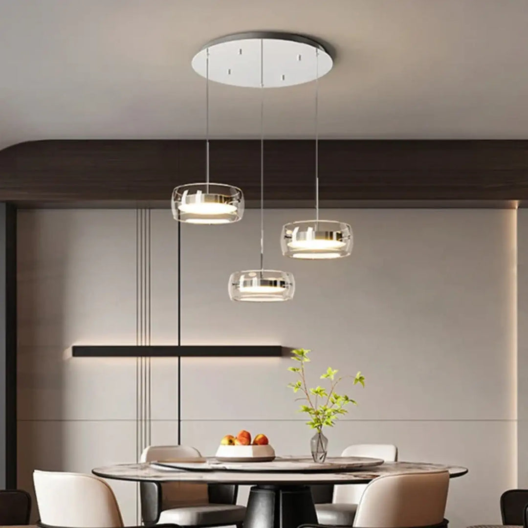 Suspension luminaire trida avec luminaires suspendus minimalistes en verre clair et accents chromés blanc chaud et blanc froid