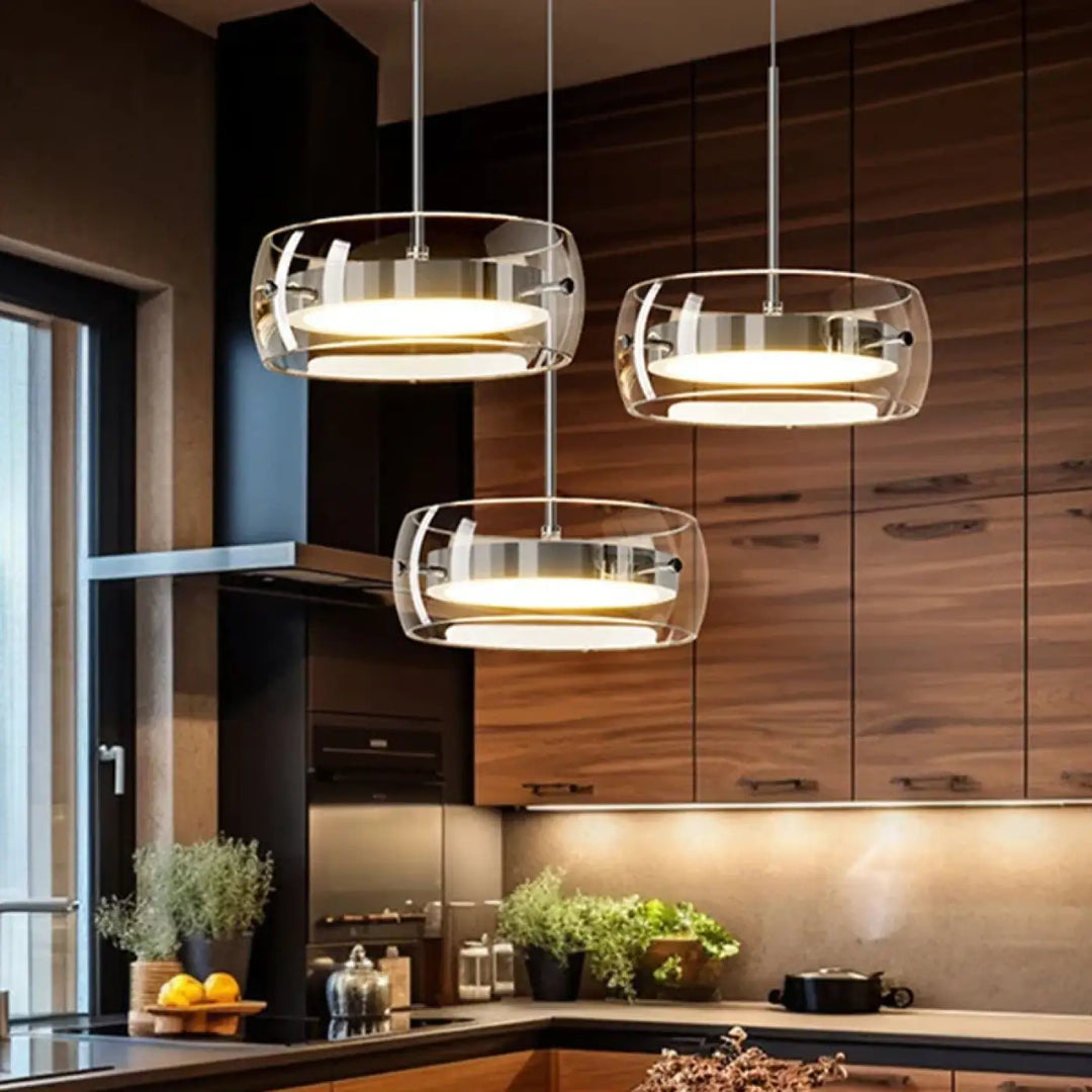 Suspension luminaire trida avec éclairage circulaire blanc chaud et accents chrome modernes en verre élégant ▲image d’affichage