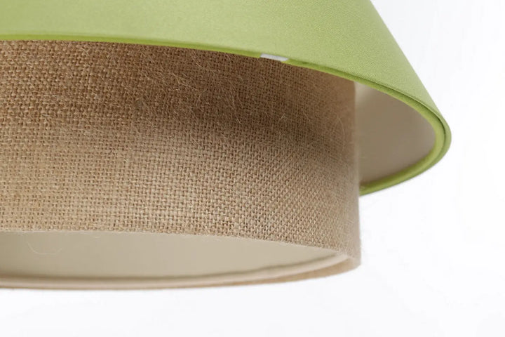 Suspension luminaire sensei vert avec double abat en tissu vert lime et doublure naturelle en toile de jute