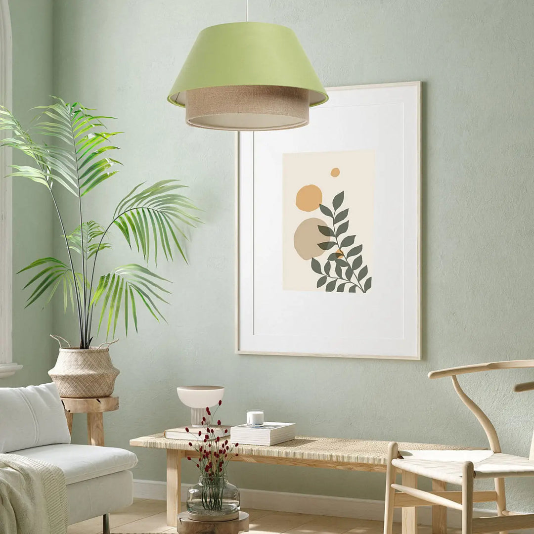 Suspension luminaire sensei design vert avec double abat-jour vert anis et beige en tissu tressé moderne