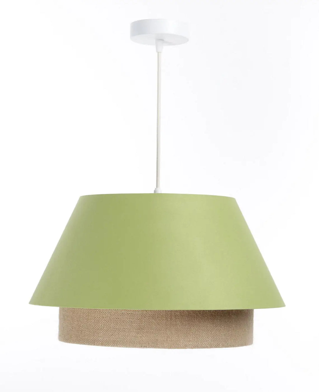 Suspension luminaire double abat sensei vert avec abat-jour supérieur vert sauge mat et inférieur beige texturé suspendu par cordon blanc