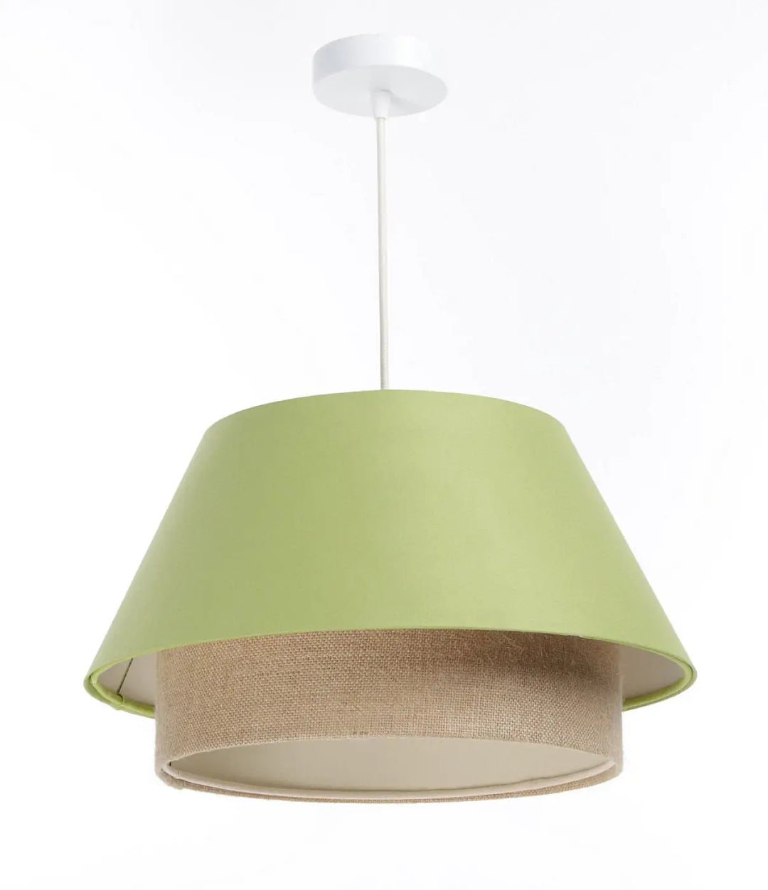 Suspension luminaire sensei vert avec double abat en tissu vert lime et bande naturelle en toile de jute