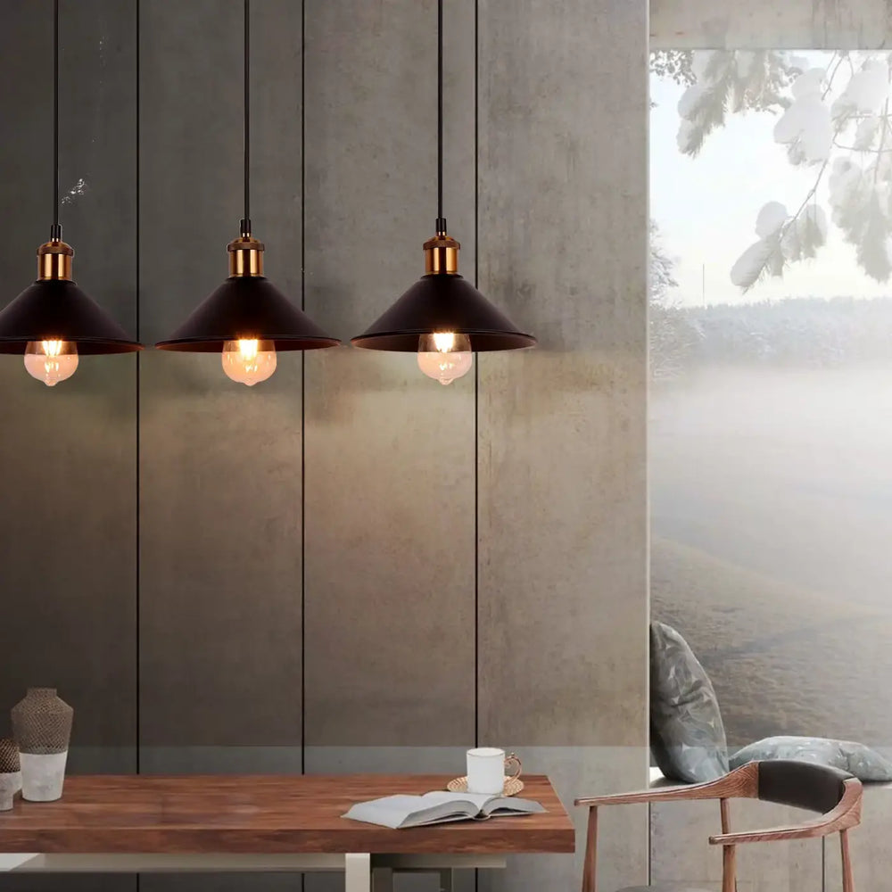 Suspension luminaire design vintage à trois éclairages noir et doré