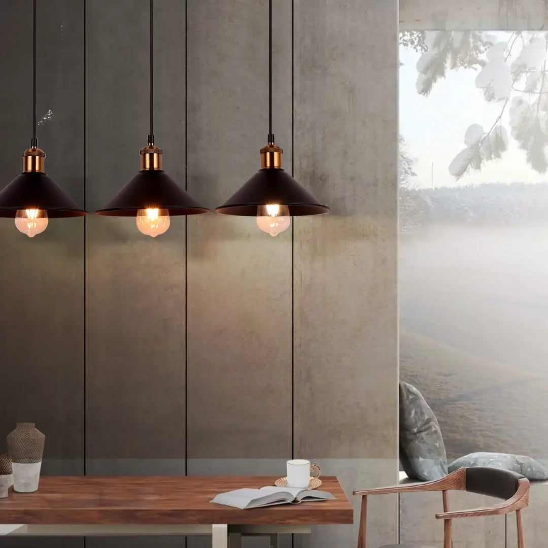 Suspension luminaire design vintage à trois éclairages noir et doré
