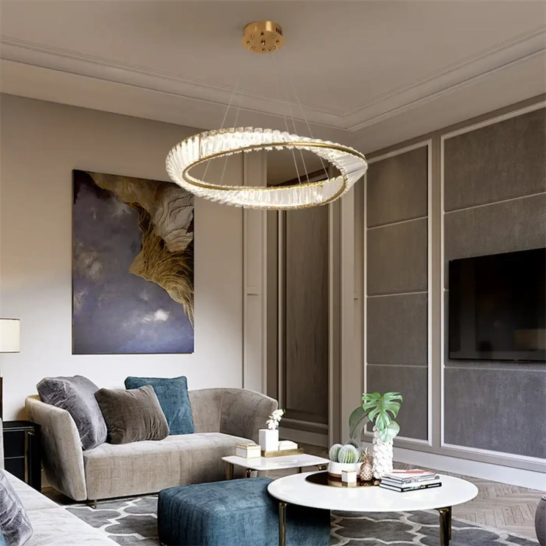 Suspension Luminaire Dorée Circulaire En Métal Et Cristal