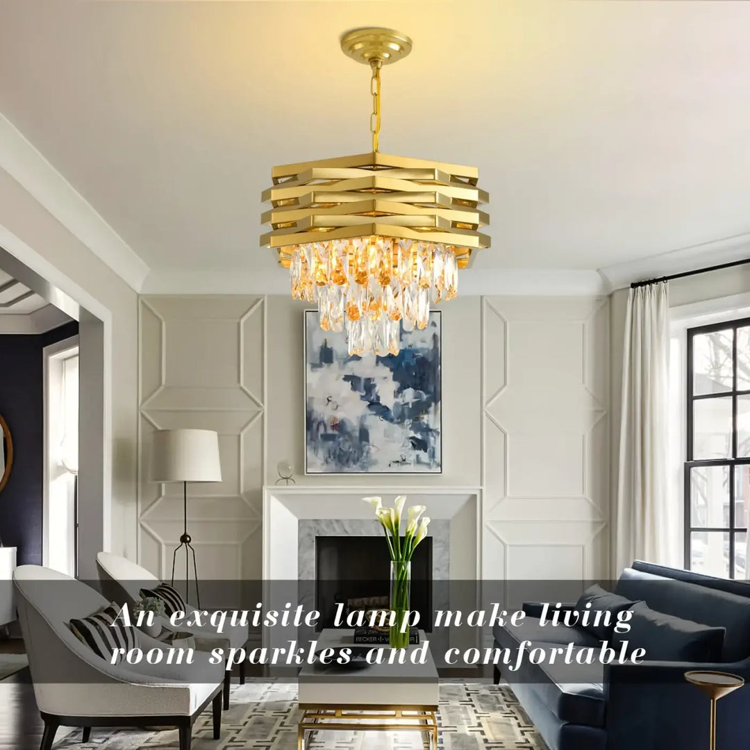 Suspension luminaire dorée à cristaux lumineux de luxe