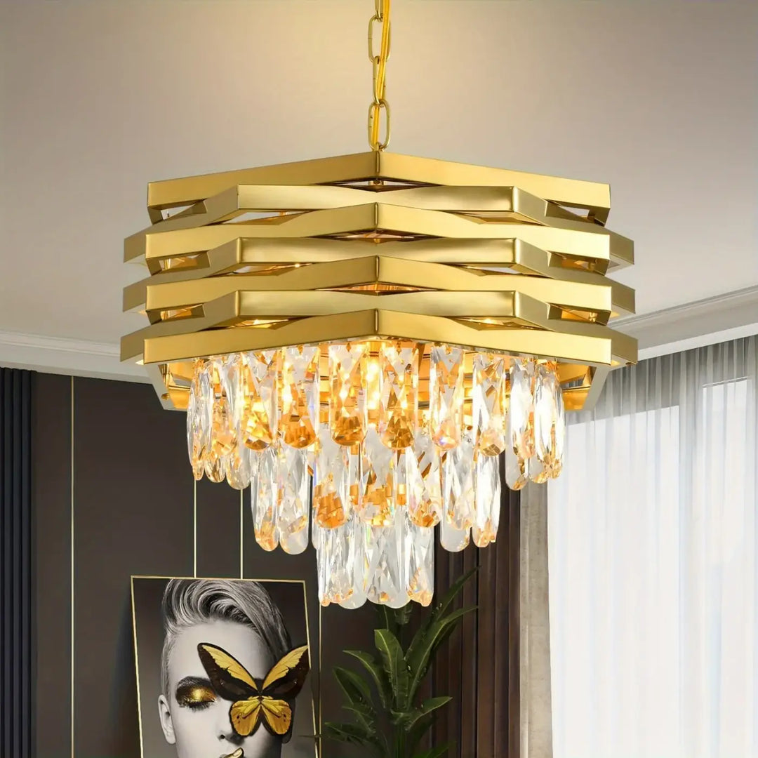 Suspension luminaire dorée à cristaux lumineux de luxe