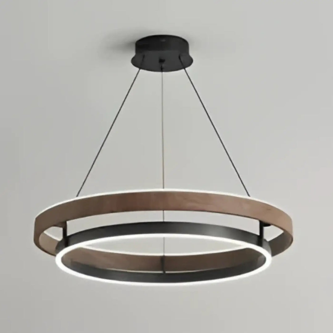 Luminaire plafonnier kaena suspension luminaire double anneau lumineux noir et bois ton minimaliste moderne