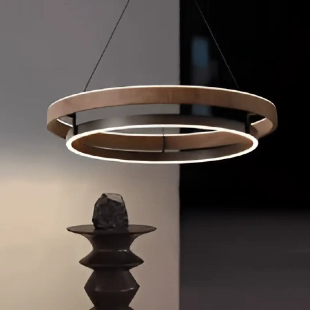 Luminaire plafonnier kaena suspension luminaire double anneau lumineux en bois et métal avec une lumière chaude circulaire moderne