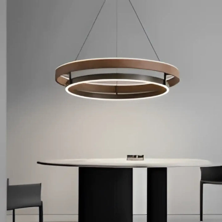 Luminaire plafonnier kaena suspension luminaire double anneau lumineux en bois chaud et métal noir moderne minimaliste