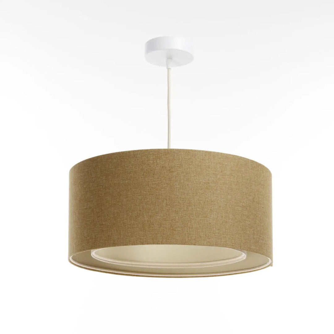 Suspension luminaire écru avec abat-jour cylindrique beige en tissu texturé et fixation plafond blanche