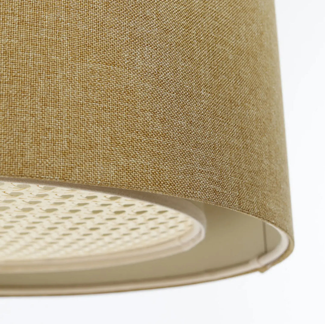 Suspension luminaire duo boho élégant avec abat-jour en lin écru perforé et anneau intérieur blanc bohème chic