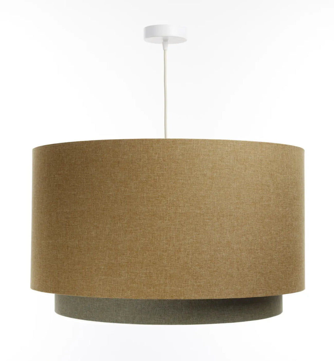 Suspension luminaire ecru avec diffuseur rotin en tissu texturé jaune moutarde et gris vert contrasté