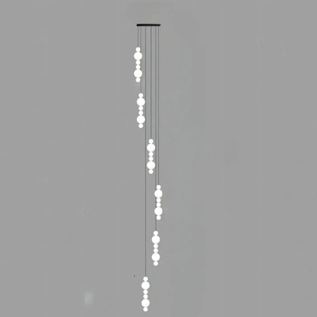 Suspension luminaire oxyo blanc moderne avec boules opalines en chute verticale suspendue à un support noir