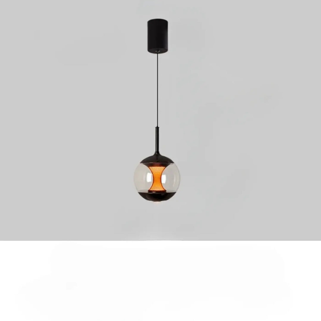 Suspension luminaire nexus noir avec globe en verre sphérique et filament en mesh orange pour luminosité variable