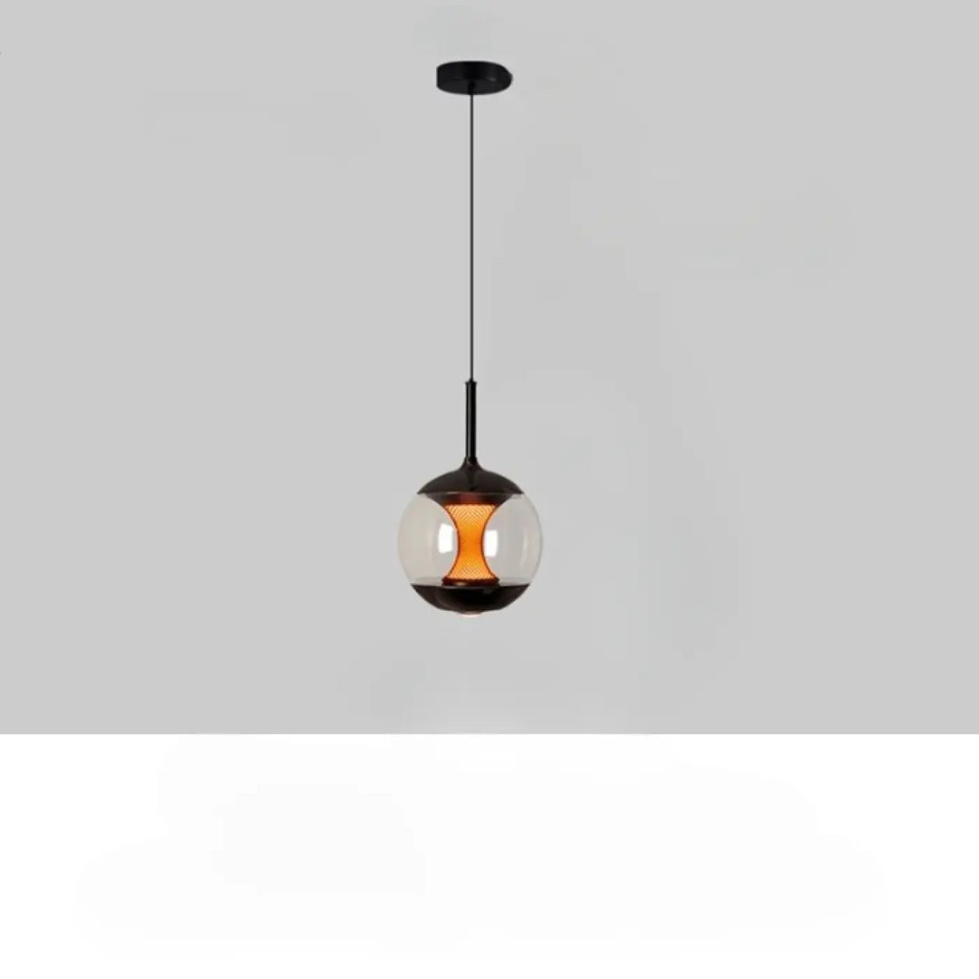 Suspension luminaire nexus avec globe en verre sphérique noir et ampoule filament orange à luminosité variable