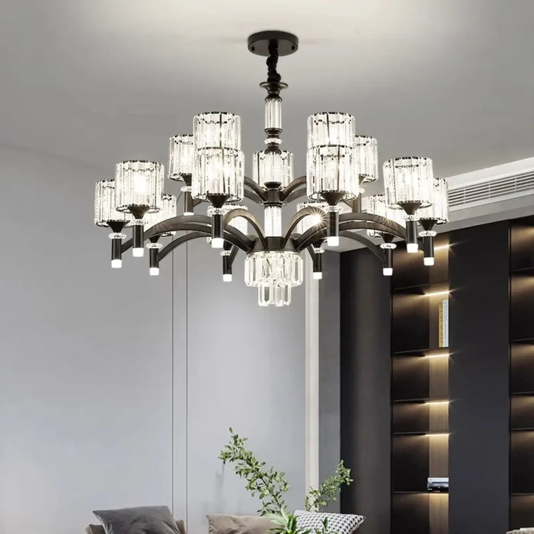 Suspension luminaire élégante en métal noir et cristal design