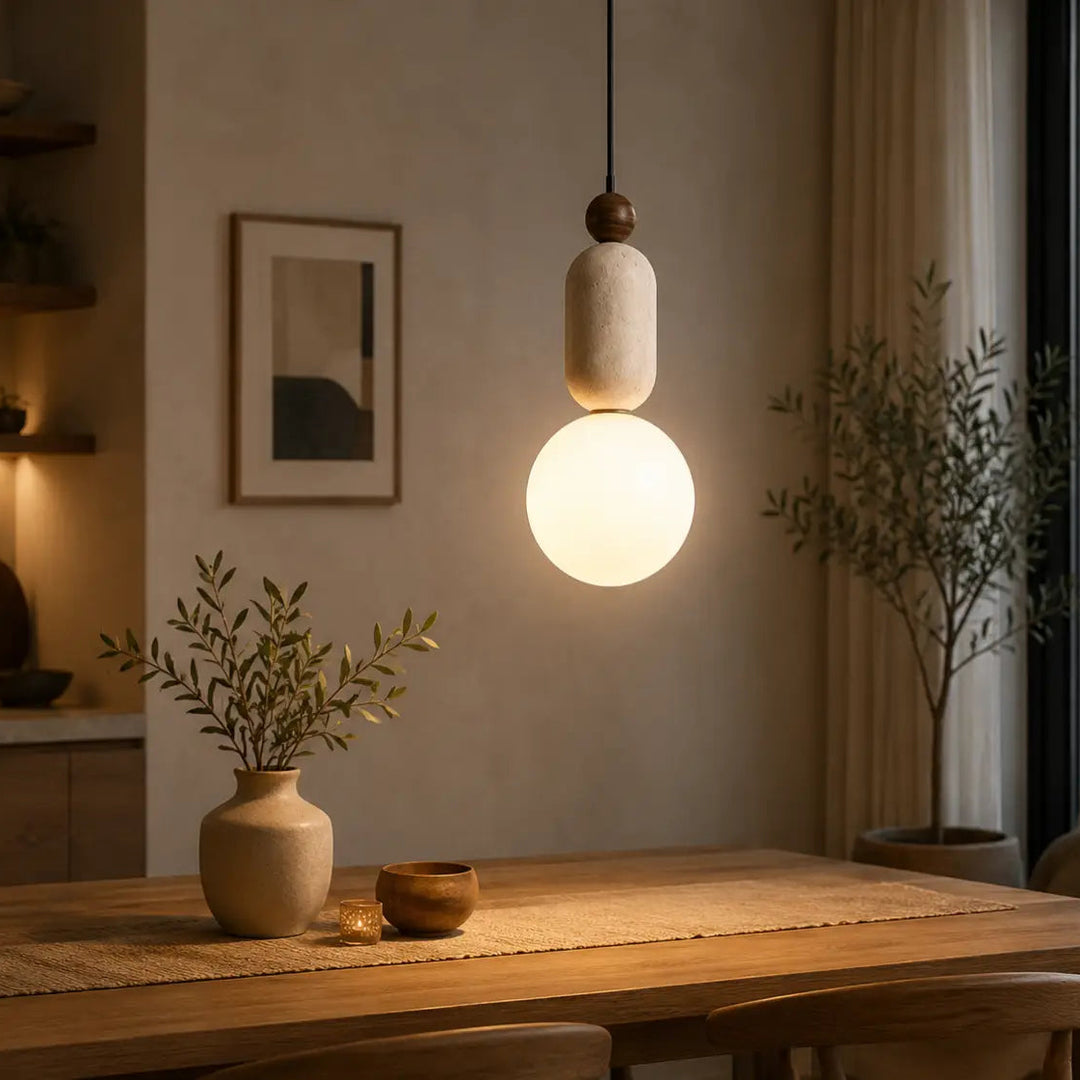 Suspension luminaire sora avec verre opalin sphérique chaud et éléments en pierre texturée beige mat