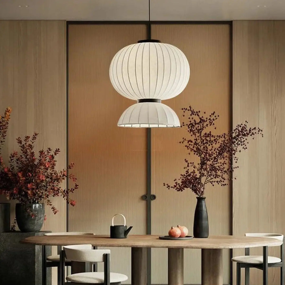 Suspension luminaire dualis en papier blanc nervuré avec design formes superposées et style suspension luminaire élégante
