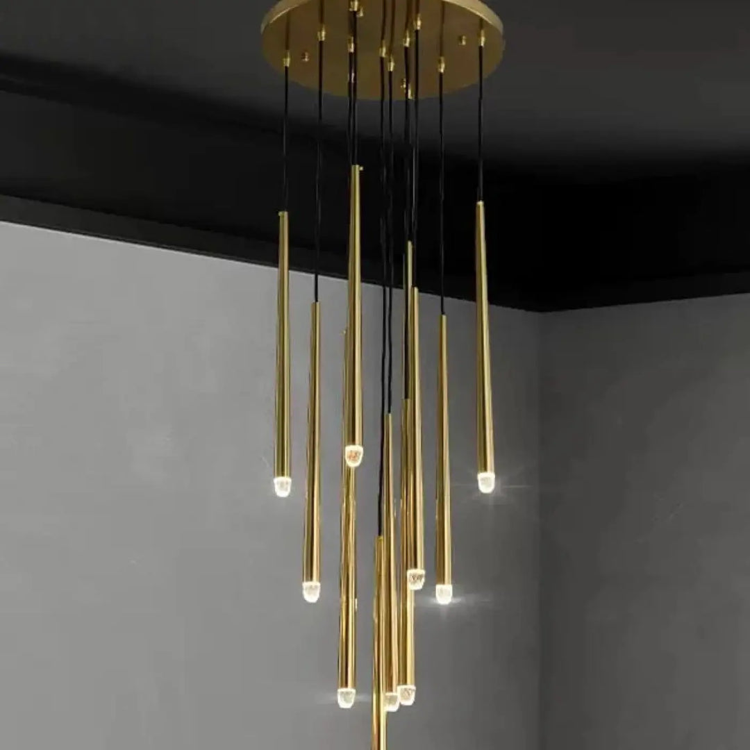 Suspension luminaire gildeo h300cm en métal doré avec tiges cylindriques fines et lumière led chaude et neutre