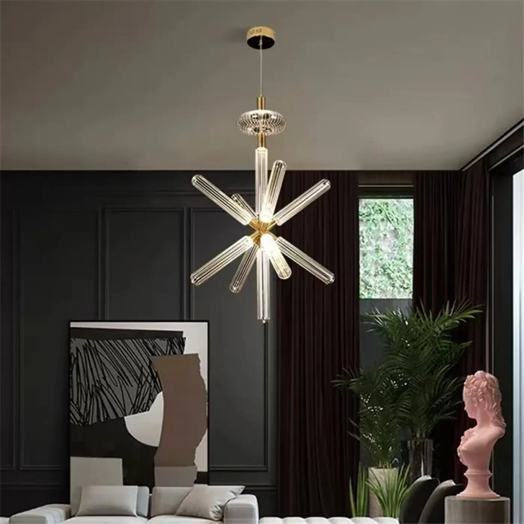 Suspension luminaire kylor avec bras en verre clair et moyeu central doré de style starburst moderne cipher multi