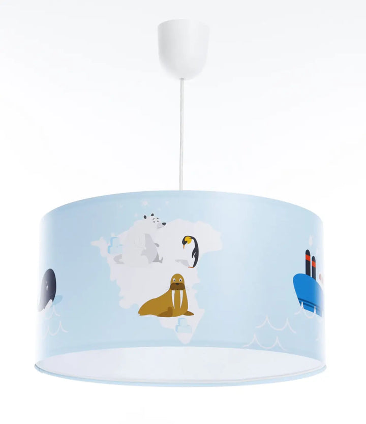 Suspension luminaire sweet dreams bleu clair avec abat-jour en tissu imprimé animaux arctiques blancs et bateau marron