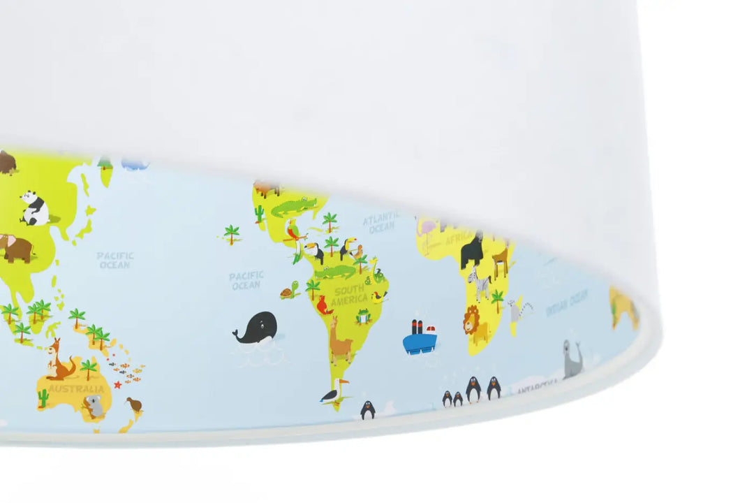Suspension luminaire enfant avec abat-jour blanc et carte du monde colorée style cartoon pour chambre d’enfant
