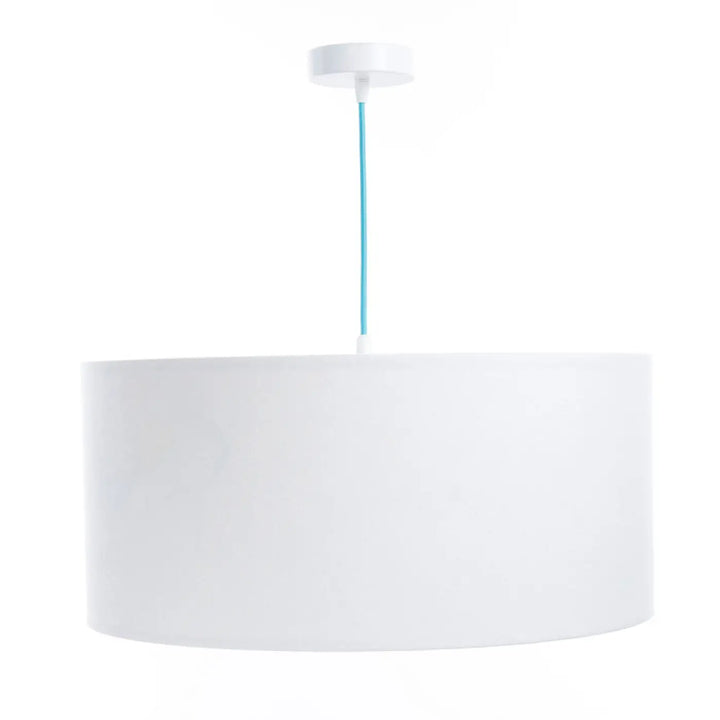 Suspension luminaire enfant blanc cylindrique avec cordon bleu pastel finition mate pour chambre d’enfant