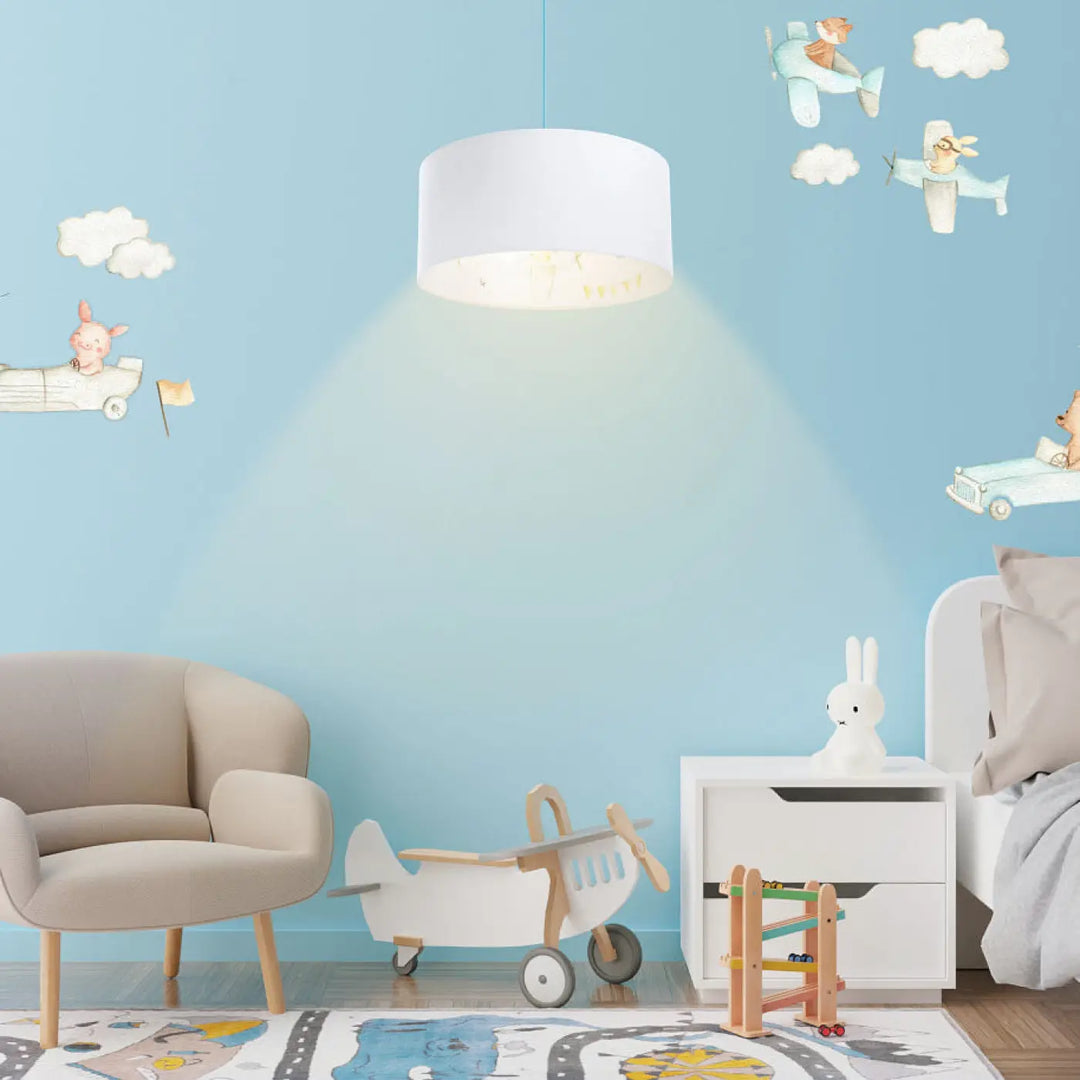 Suspension luminaire enfant cylindrique blanc avec une douce lumière bleu pastel pour chambre d enfant