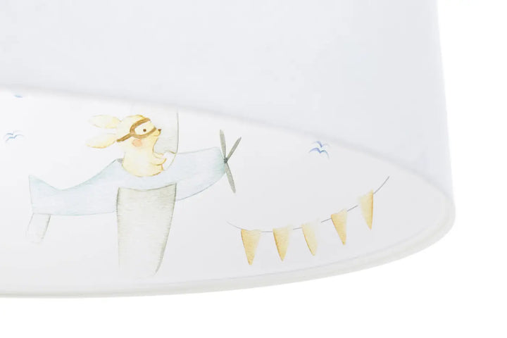 Suspension luminaire enfant bleu pastel avec abat-jour blanc illustré d’un lapin pilote et oiseaux bleus