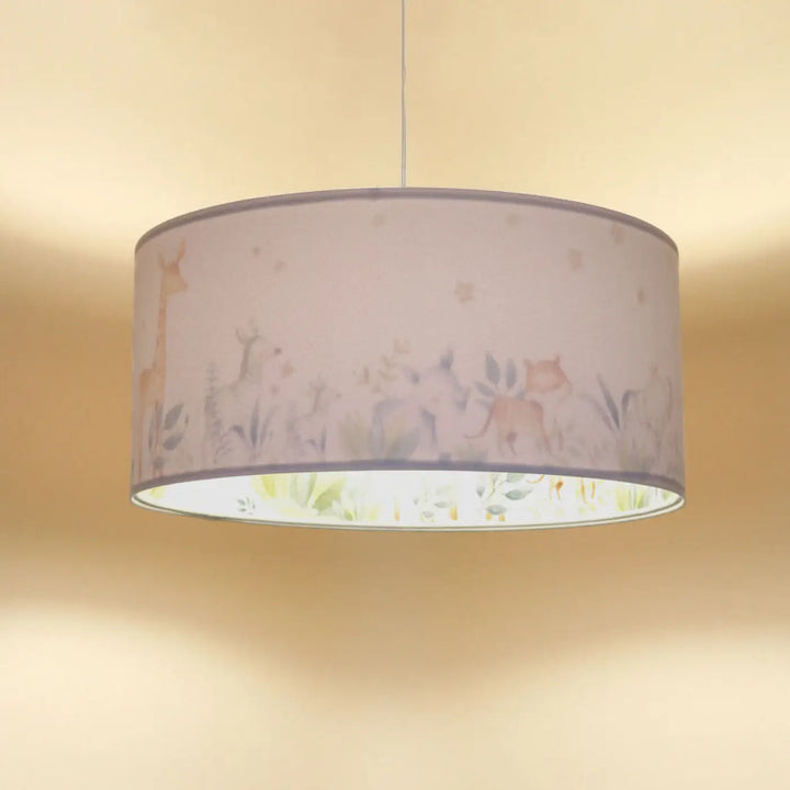 Suspension luminaire classic sweet dreams en blanc avec abat-jour en tissu lavande orné dillustrations délicates de la faune forestière