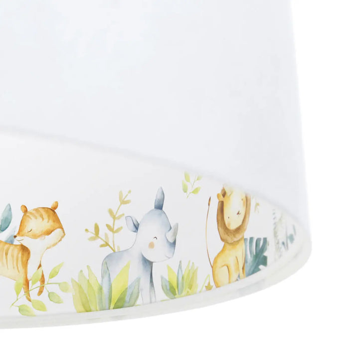 Suspension luminaire classic sweet dreams blanc avec abat-jour blanc illustré d’animaux de safari aquarelle